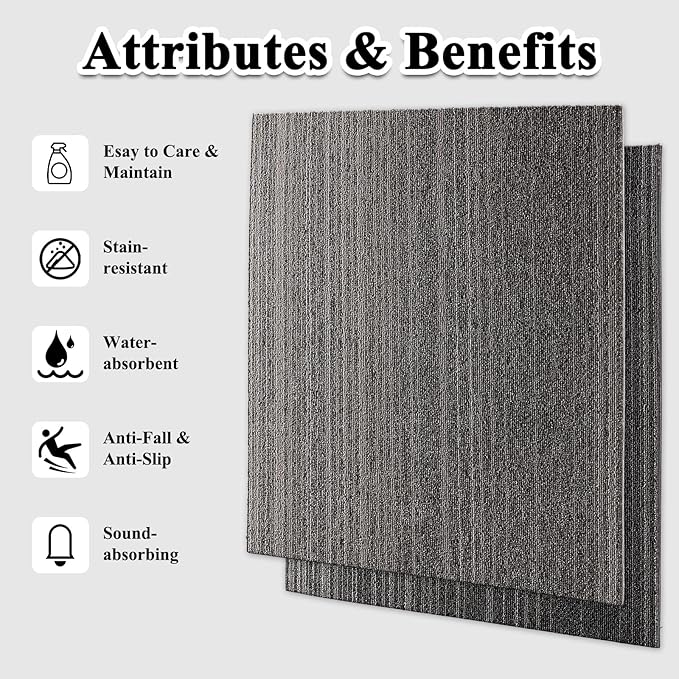 24 Tiles 20 X 20 Inch Carpet Tiles Floor, Carpet Squares for Living Room Bedroom Office, Stripe Light Grey (64.5 Sq.Ft per Box)