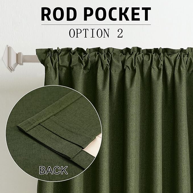 DUALIFE Olive Green Linen Blackout Curtains 132 Inch Length 2 Panels Set for Living Room Bedroom Back Tab Thermal Insulated 100% Black Out Linen Drapes 11 ft Window Curtains 132 Inches Long