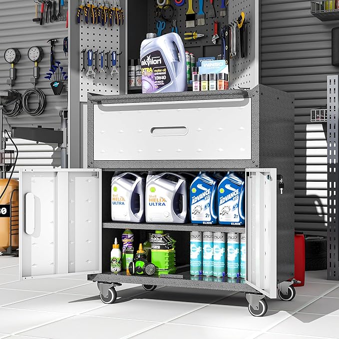 Metal Garage Storage Cabinet on Wheels, Lockable Rolling Tool Cabinet with Drawer and Shelves, Heavy Duty Mobile Steel Cabinet for Garage Warehouse Workshop