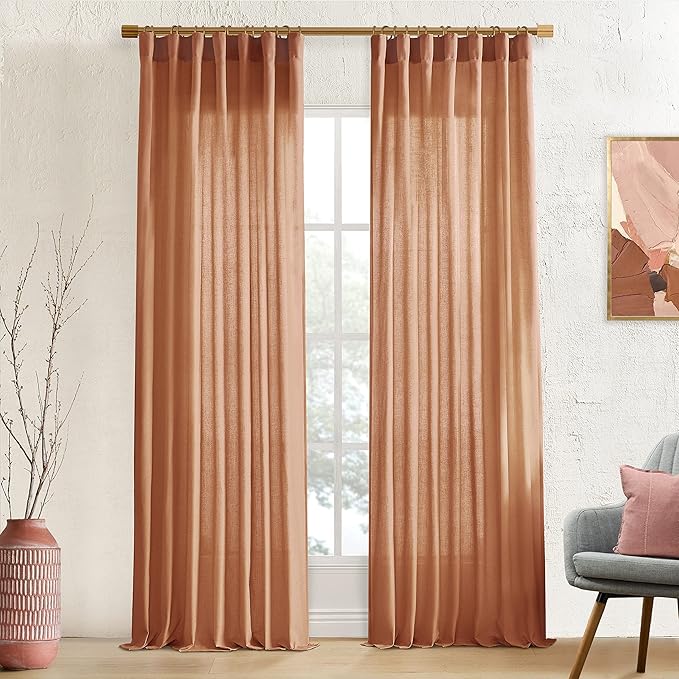 XTMYI Rusty Burnt Orange Curtains 2 Panels,Sheer Linen Medium Dusty Mecca Ocher Tone Rustic Cabin Curtains for Bedroom Living Room,108 Inches Long,Light Brown Red