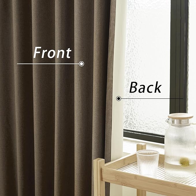 DUALIFE 90 Inch Blackout Brown Curtains Boho, Thermal Insulated Curtains for Summer Heat for Bedroom Living Room Linen Pleated Drapes 90 Inches Long Rod Pocket(50W x 90L x 2 Panels)