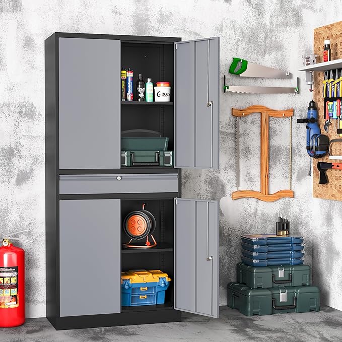 Metal Storage Cabinet with with Drawer, Garage Storage Cabinet with Locking Doors and Adjustable Shelves for Garage, Home Office,Warehouse