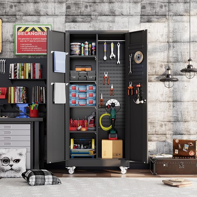 71" H Broom Closet Storage Cabinet with Wheels and Pegboard,Metal Garage Storage Cabinet with Lockable and Magnetic Doors,Adjustable Shelves for Garage Home Office,Required Assembly,Black