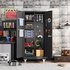 Garage Storage Cabinet with Wheels and 5 Pegboard, Broom Closet Storage Cabinet with Hanging Rod and 13 Hooks, Metal Cabinets with 4 Shelves for Garage, Home, 71"H x 31.5"W x 15.75"D, Black