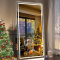 Hasipu Full Length Mirror with Lights, 79" x 36" LED Lighted Floor Standing Mirror, Full Body Dressing Hanging Mounted Mirrors, Dimmable, Tempered Glass, Safe to Use, Square Black