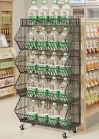 5-Tier Slanted Rolling Retail Display Rack with Locking Wheels | Heavy-Duty Metal Snack & Chip Display Stand for Grocery Stores, Supermarkets, Bakery | Space-Saving Store Organization Shelf
