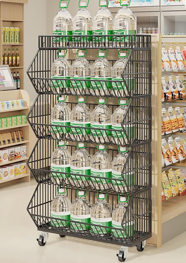 5-Tier Slanted Rolling Retail Display Rack with Locking Wheels | Heavy-Duty Metal Snack & Chip Display Stand for Grocery Stores, Supermarkets, Bakery | Space-Saving Store Organization Shelf