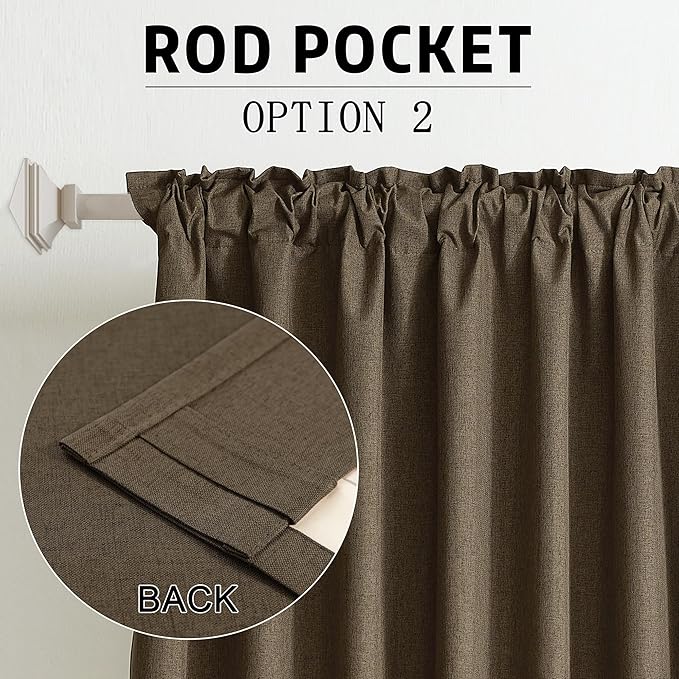 DUALIFE 96 Inch Curtains 2 Panel Set Farmhouse Blackout Heat Reducing Sun Block Out Curtains for Bedroom Dorm UV Blocking Noise Canceling Burlap Linen Look Drapes Rod Pocket Back Tab,50 X 96 Brown