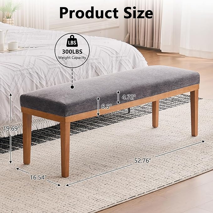 Rowill 53 Inch Long Entryway Bench for Bedroom End of Bed, Dining Room Bench with Upholstered Padded Seat and Solid Wood Leg for Kitchen, Living Room, Indoor and Hallway, Gray
