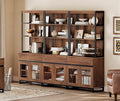 WAMPAT 3 PCS Modern 72" Tall Bookcase with 3 Drawers and Open Book Shelf, Library Book Shelf with Storage Cabinet and Glass Doors, Wood Freestanding Bookshelves for Home Office, Living Room, Brown