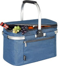 Tirrinia Large Insulated Picnic Basket, 34L Water Resistant & Leakproof Collapsible Portable Cooler Basket Set with Aluminium Handle for Travel, Shopping, Camping,Foldable Grocery Bag, Blue