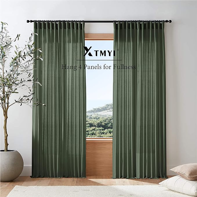 XTMYI Olive Green Linen Curtains, Light Filtering Sheer Window Treatments, Boho Floor to Ceiling Curtains for Bedroom Aesthetic Living Room, 84 Inches Long, 2 Panels Set