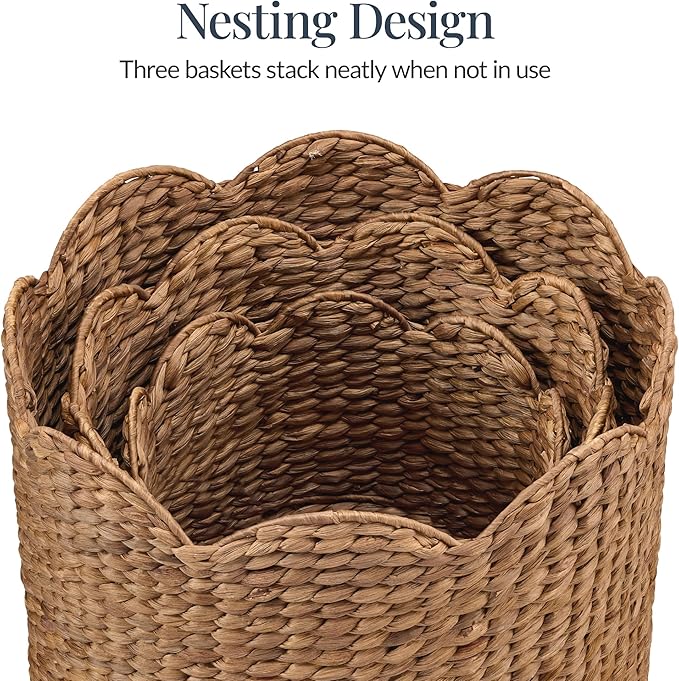 Best Choice Products 3pc Water Hyacinth Scalloped Multipurpose Nesting Baskets, Storage Bin Organization Totes for Living Room, Bedroom, Nursery, Laundry Room -Chestnut