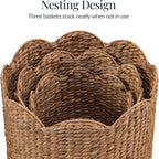 Best Choice Products 3pc Water Hyacinth Scalloped Multipurpose Nesting Baskets, Storage Bin Organization Totes for Living Room, Bedroom, Nursery, Laundry Room -Chestnut