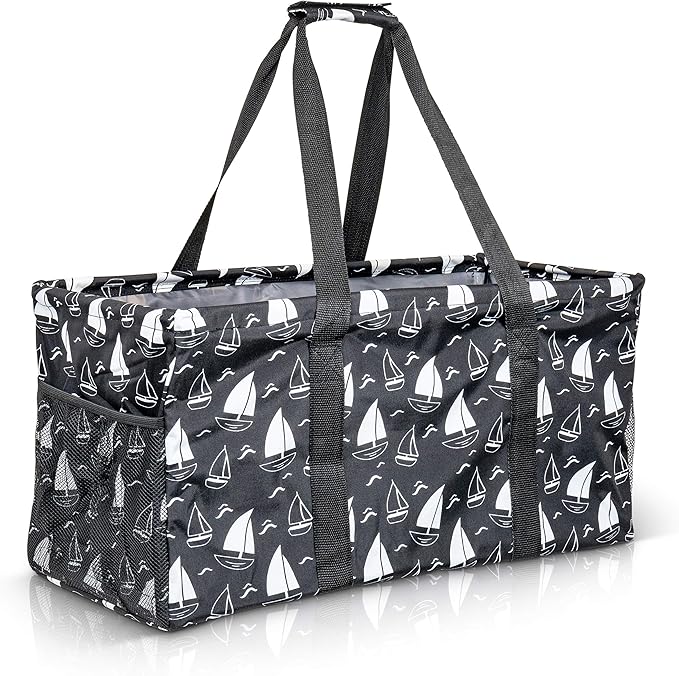 Extra Large Utility Tote Bag - Oversized Collapsible Reusable Wire Frame Rectangular Canvas Basket With Two Exterior Pockets For Beach, Pool, Laundry, Car Trunk, Storage - Sailboat