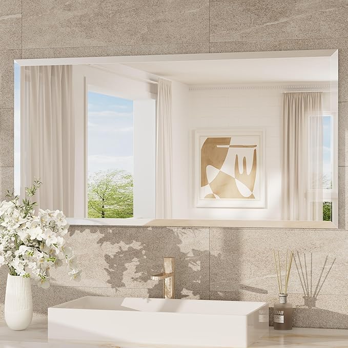 TokeShimi 48x24 Beveled Frameless Bathroom Mirror Decorative, Bathroom Vanity Mirrored with 1" Beveled Edge, Shatterproof Modern Frameless Mirror Rectangle for Living Room, Entryway, Restroom