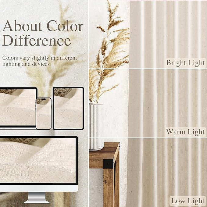 Nanspring Natural Linen Curtains 90 Inches Long for Living Room Country Semi Sheer Light Filtering Curtains Farmhouse Decor Boho Curtain for Bedroom Back Tab and Rod Pocket 52x90, 2 Panels
