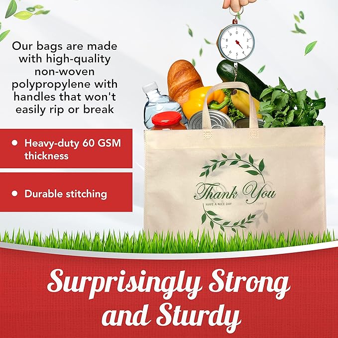 Simply Cool 50 Pack Reusable 'Thank You' Eco-Friendly Grocery Shopping Bags 19.6" x 16.1" x 7" 60 gsm Durable, Recyclable, Washable, Foldable, Portable Tote Bags Bulk (Cream, Loop Handle)