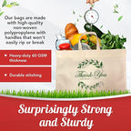 Simply Cool 50 Pack Reusable 'Thank You' Eco-Friendly Grocery Shopping Bags 19.6" x 16.1" x 7" 60 gsm Durable, Recyclable, Washable, Foldable, Portable Tote Bags Bulk (Cream, Loop Handle)