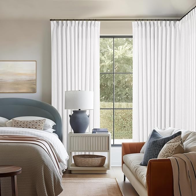 Extra Wide Pinch Pleated Linen Curtains 90 Inches Long 70 Inch Width for Living Room Bedroom Light Filtering White Semi Sheer Pleat Window Curtain Pinch Pleated Drape with Hooks Rings 1 Panel 70x90