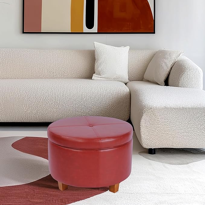HomePop Round Leatherette Storage Ottoman with Lid, Cinnamon Red Large