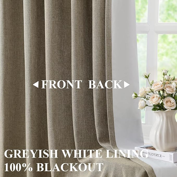Vision Home Brown Pinch Pleated Full Blackout Curtains Linen Blended Room Darkening Window Curtains 102 inch for Living Room Bedroom Thermal Insulated Pinch Pleat Drapes with Hooks 40" Wx102 Lx2