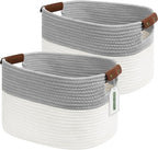 Cotton Rope Storage Baskets,15x10x9 in,Foldable Storage Bins, Decorative Woven Basket Cube Storage Organizer for Laundry, Towel, Clothes (White/Grey-2Pack, 15x10x9 inches)