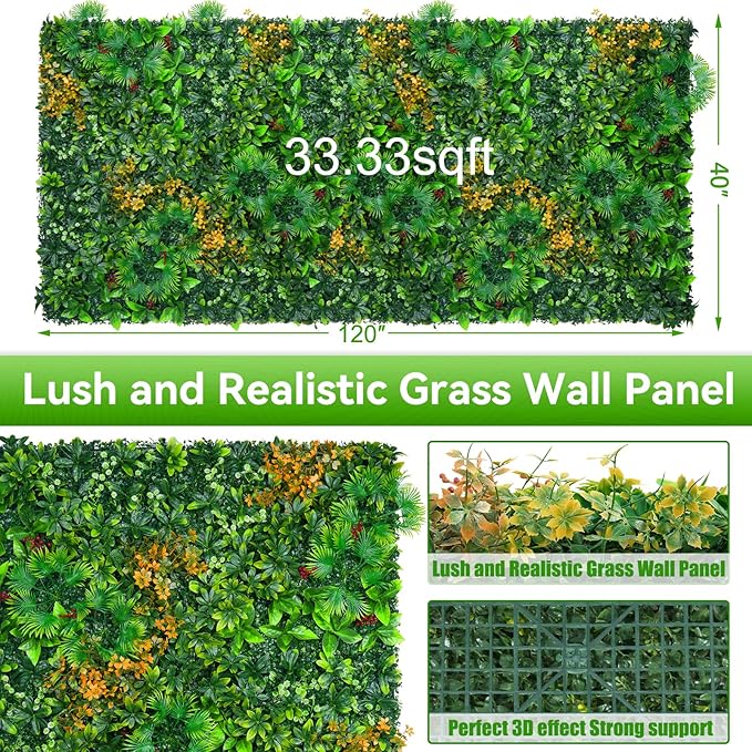 Grass Wall Panels Roll, 40"x120"(33.33 SQFT) Artificial Grass Backdrop Wall with Tropical Leaves, UV-Anti Faux Greenery Plant Boxwood Panels for Outdoor Green Wall Decor