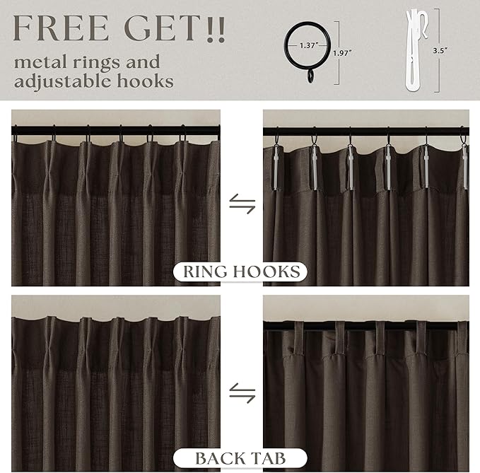 Dark Chocolate Pinch Pleated Linen Curtains 2 Panels for Living Room Bedroom Memory Training Shaped Semi Sheer Pleat Drapes with Hooks Rings Light Filtering Window Curtain 40x102