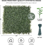 Grass Wall Panels 20″ × 20″ (12 Pack) – UV-Protected Artificial Boxwood Hedge Greenery Backdrop Covers 33.33 sq ft, Indoor/Outdoor Privacy Fence Screen, Zip Ties & Spare Leaves Included