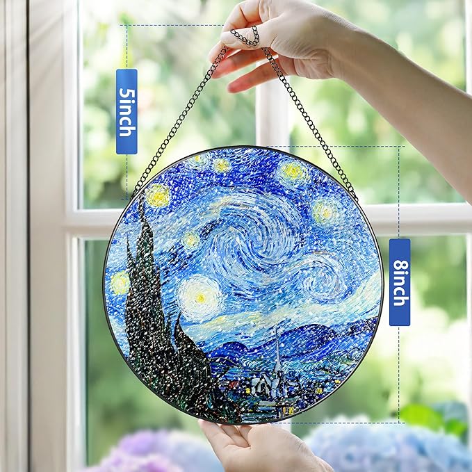Stained Glass Window Hanging, Pauyadu Van Gogh Starry Night Sun Catchers, Stained Glass Suncatcher, Starry Night Decor Gifts for Her, Women, Art Lover, Friend - 8 Inch