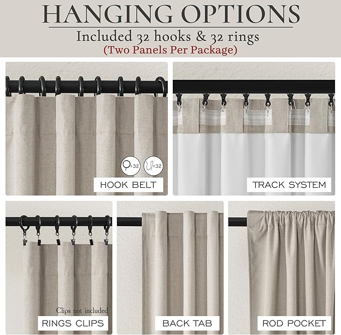 Grey Flax Extra Long Floor to Ceiling Blackout Curtains 108 Inches Long for Sliding Glass Doors 2 Panels Set, Farmhouse Pleated Room Darkening Drapes Decor with Back Tab for Bedroom (50"Wx108"L)