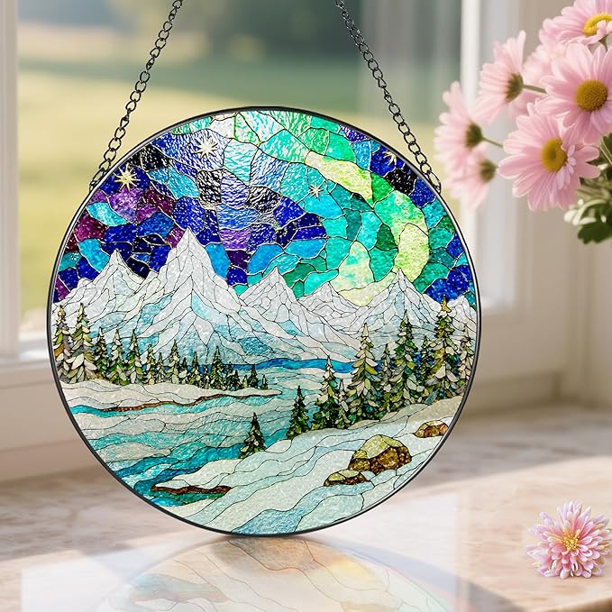 8-Inch Stained Glass Ornament, Stained Glass Window Hanging, Window Hanging Decor Suncatcher, Mountain Landscape Ornament | Holiday, Mother’s Day, Birthday | Gifts for Nature Lovers, Friend & Family
