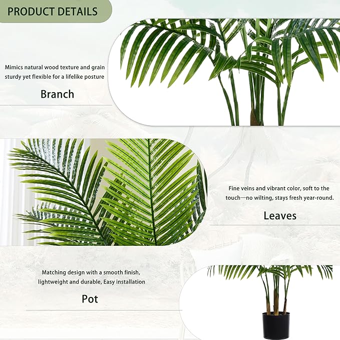 Artificial Palm Tree 6FT Artificia Plants Indoor Fake Trees Tropical Fake Plam Tree Areca Floor Plant in Black Pot with 18 Trunks & Real Bark Design Faux Palm Plant for Outdoor Home Room Decor