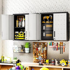 Wall Cabinet, Wall Mounted Cabinet with Lock and Adjustable Shelf for Garage, Tool Room, Kitchen, Assembly Required(Black and Gray)