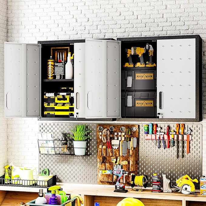 Wall Cabinet, Wall Mounted Cabinet with Lock and Adjustable Shelf for Garage, Tool Room, Kitchen, Assembly Required(Black and Gray)