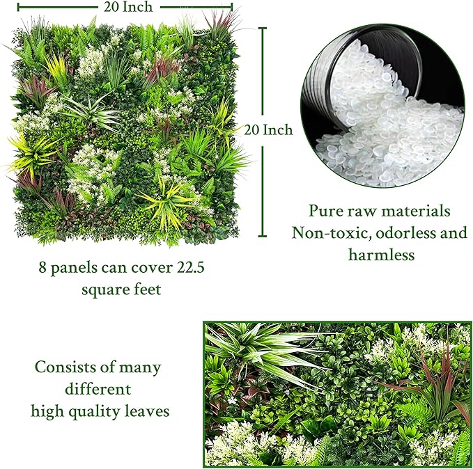 Artificial Plant Wall Panels: 20"×20" 8P UV-Anti Faux Grass Wall Backdrop Boxwood Ivy Fence Privacy Screen Fake Greenery Leaf Hedge for Outdoor,Indoor,Garden,Backyard and Home Decor