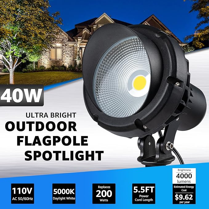 SUNVIE LED 40W Spot Lights Outdoor 5000K Daylight White Plug in Flag Pole Light 120V Ultra Bright Landscape Spotlights for Yard House Tree Lawn Signage Outdoor Spotlight with Stake & 5.5FT Cord