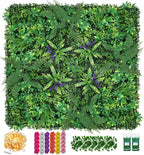 Artificial Boxwood Panel 8 Pieces 20"x20", Green Grass Wall Backdrop Wall for Fence Patio Backrop Balcony, Faux Ivy Privacy Fence Screen, 5 PCS Vines, 60 PCS Violet Flower, 2 PCS Light Strip