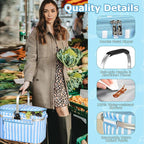 Tirrinia Large Insulated Picnic Basket, 34L Water Resistant & Leakproof Collapsible Portable Cooler Basket Set with Aluminium Handle for Travel, with a Free Foldable Grocery Bag, Blue Strip