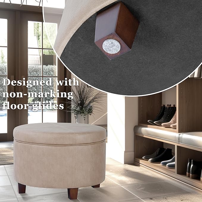 Homepop Home Decor | Upholstered Faux Leather Round Storage Ottoman | Ottoman with Storage for Living Room & Bedroom, Taupe Brown