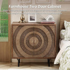 Farmhouse 2-Door Storage Cabinet, Accent Wooden Storage Cabinet with Circle Pattern and Radioactive Wood Lines, for Living Room, Dining Room, Bedroom, Natural Wood Color