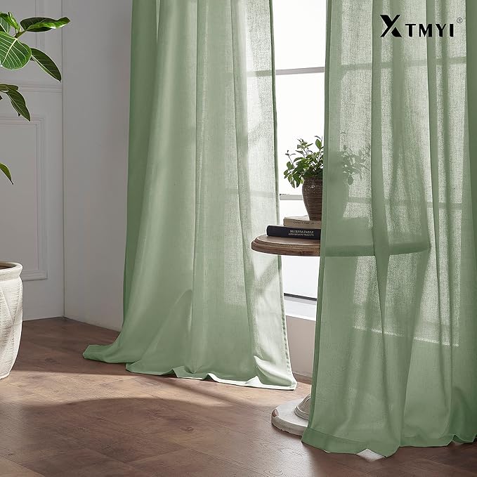XTMYI Sage Green Sheer Curtains 63 Inch Length for Living Room,Boho Rod Pocket Light Filtering Linen Semi Transparent Bedroom Curtains Drapes 63 Inches Long 2 Panels Set for Bathroom Window Kitchen