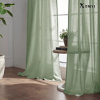 XTMYI Sage Green Sheer Curtains 63 Inch Length for Living Room,Boho Rod Pocket Light Filtering Linen Semi Transparent Bedroom Curtains Drapes 63 Inches Long 2 Panels Set for Bathroom Window Kitchen