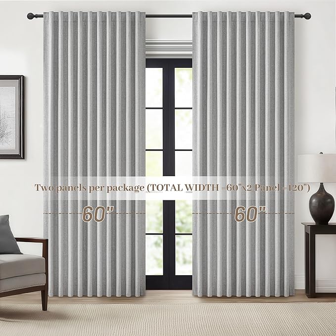 Grey Curtains 60 Inch Length Wide Pleated Blackout Curtain for Sliding Glass Door/Living Room, Farmhouse Linen Thick Boho Bedroom Heavy Insulated Large Window Drapes (60" Wx90 Lx2Panels)