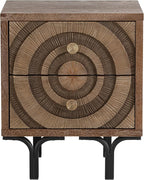 Farmhouse 2-Drawer Nightstand, Accent Wooden Nightstand with Circle Pattern and Radioactive Wood Lines, for Bedroom, Natural Wood Color