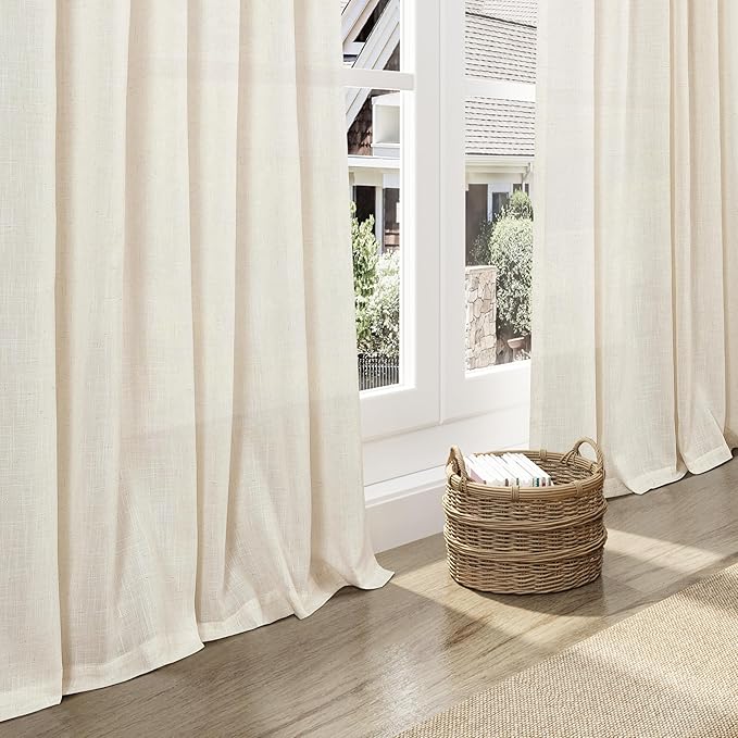 Nanspring Natural Linen Curtains 90 Inches Long for Living Room Country Semi Sheer Light Filtering Curtains Farmhouse Decor Boho Curtain for Bedroom Back Tab and Rod Pocket 52x90, 2 Panels