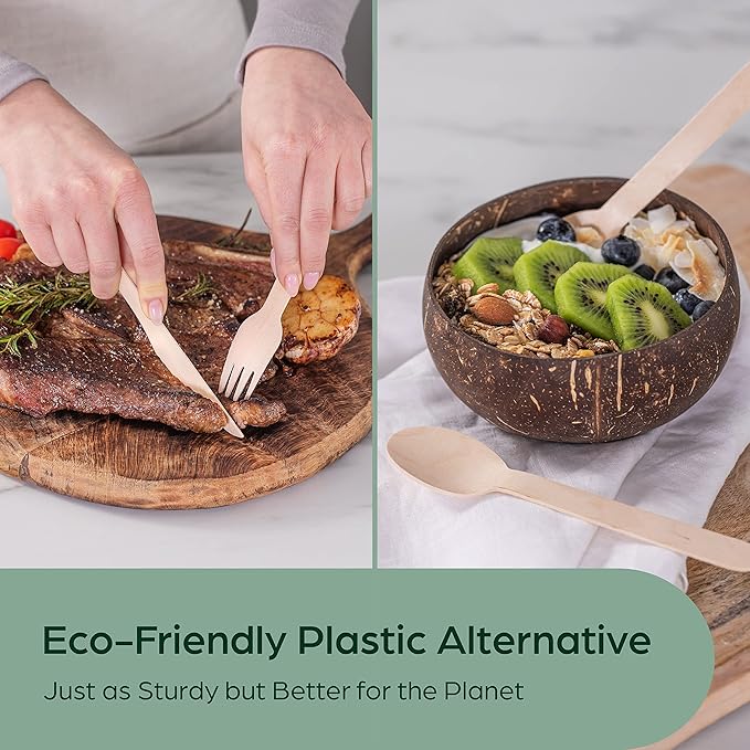 PURPLECLAY Wooden Disposable Utensils Set, 360 PCS Compostable Silverware (120 Forks, 120 Spoons, 120 Knives) Eco Friendly, Plastic-Free Cutlery for Parties & Catering, Alternative to Bamboo Utensils