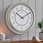 CLXEAST 14 Inch Self-Illuminated in/Outdoor Atomic Wall Clock for Home Office, Night Light Wall Clocks for Living Room Decor,Modern Farmhouse Morning Silver/Gold Finish