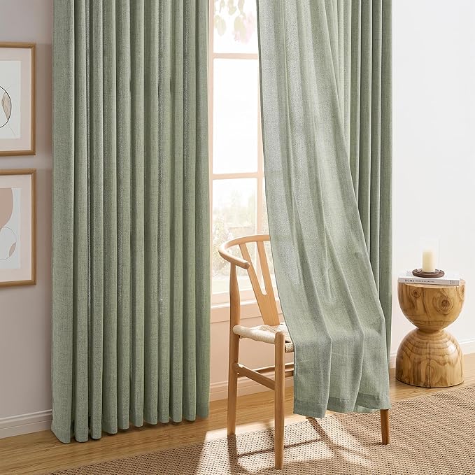 Extra Long 120 Inch Curtains for Large Window,Back Tab Pleated Drapes Pretty Linen Sheer Tall Curtains for Living Room Dining Office 2 Panel Set Organic Modern Elegant Decor,42 Wide 10 FT,Sage Green